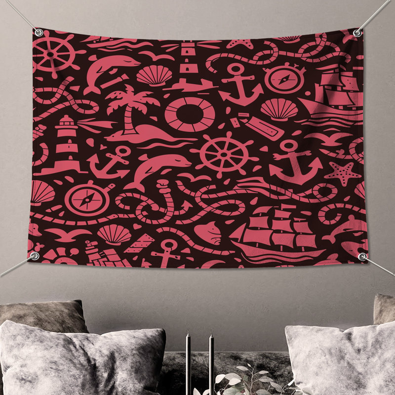 Nautical Elements Collage Wall Tapestry - Marine Wall Decor, 50in H x60in W with 4 Grommets