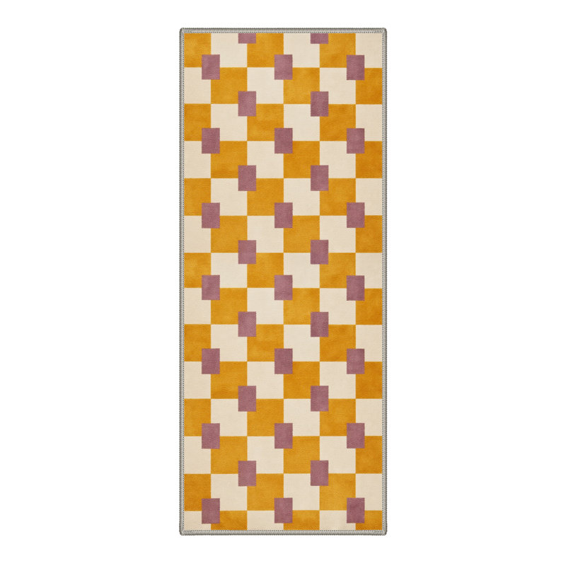 Geoform Modern Machine Washable Yellow / Beige / Purple Indoor Area Rug with Non-Slip Backing, Runner 2' x 7'