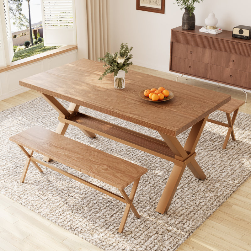 Kristofer Kitchen Dining Table Set, Rectangle Dining Table with Dining Bench(Table, 2 Benches), Cream