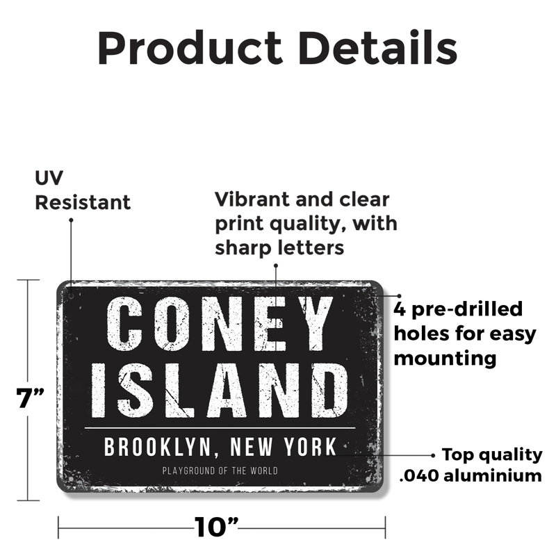Enseigne en aluminium 7 po x 10 po Coney Island Brooklyn, NY (paquet de 2)