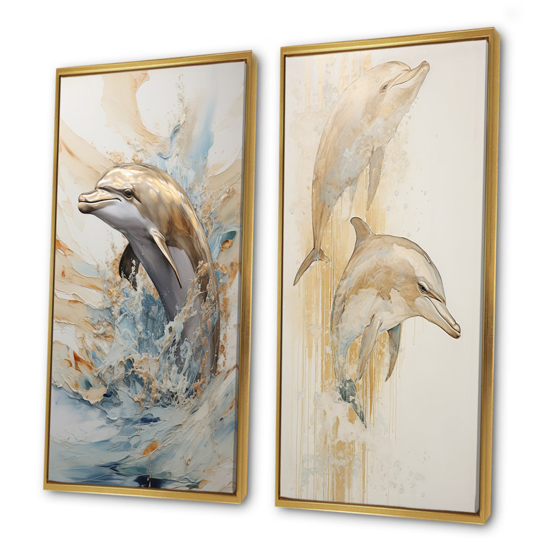 Ensemble de 2 décorations murales en forme de dauphin beige et doré, Encadrement doré, H 32 po x l 33 po