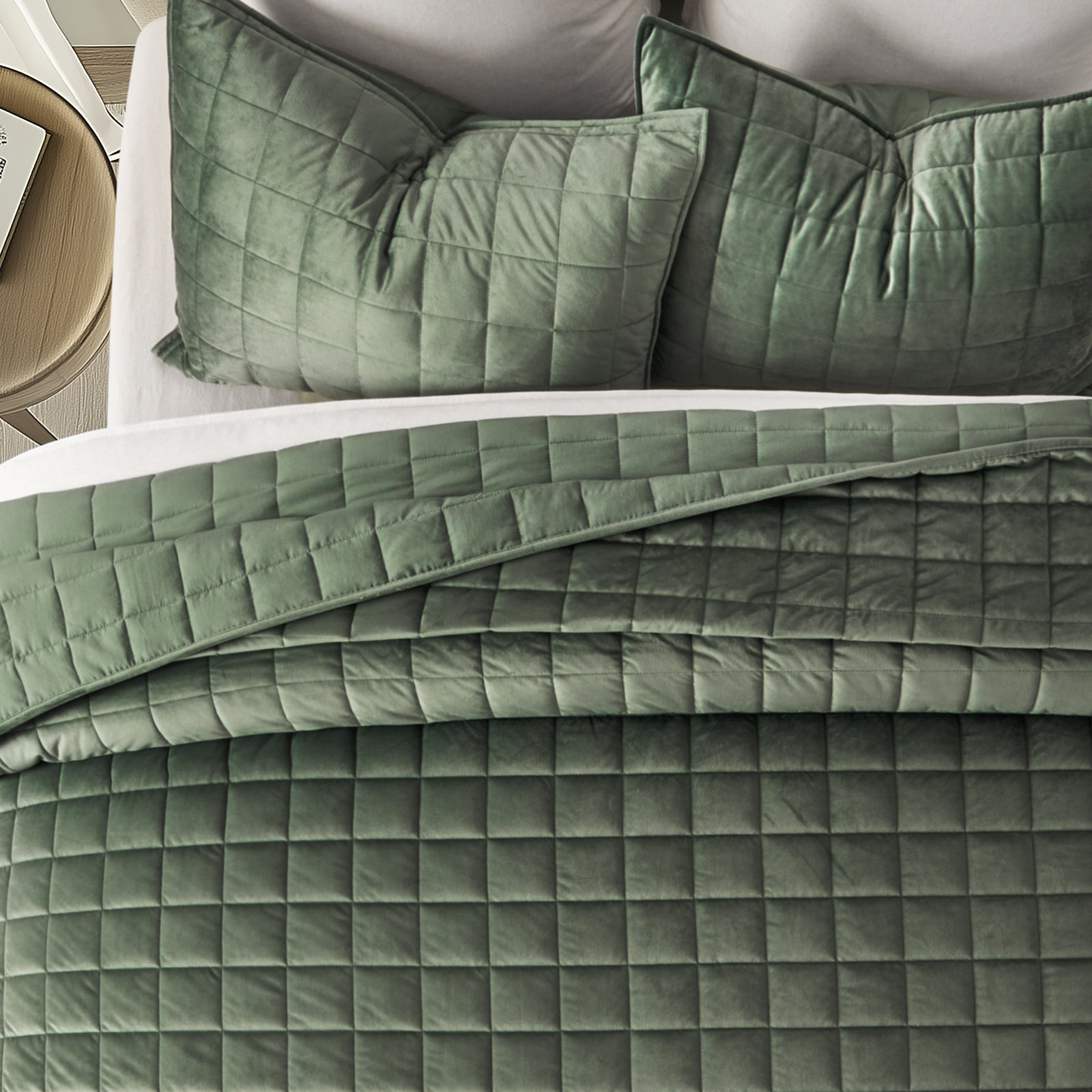Velvet Quilt Set, King Quilt + 2 King Shams, Olive Green