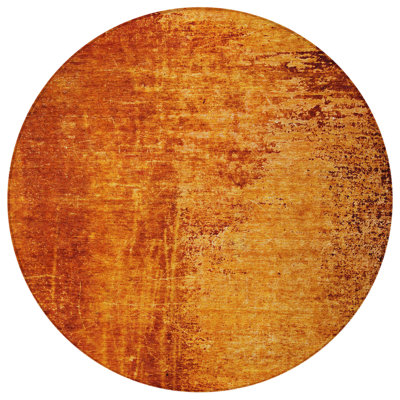 8' Round Orange Round Abstract Washable Non Skid Indoor Outdoor Area Rug