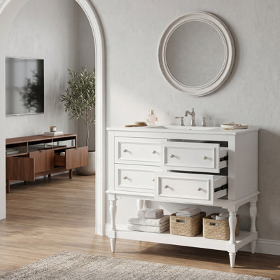 Ensemble de meuble-lavabo sur pied 36 po avec lavabo encastré en céramique - Armoire de rangement à cadre en bois massif avec 4 tiroirs pour la salle de bain