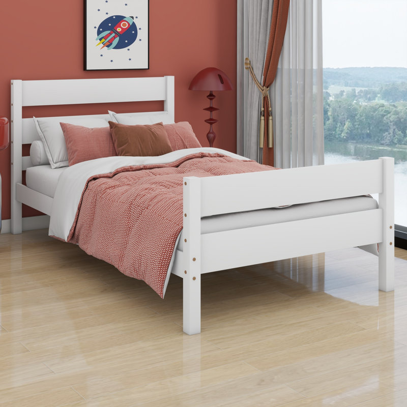 Lit en bois robuste avec tête et pied de lit, Blanc
