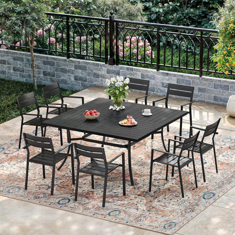 Ensemble repas extérieur pour 8 personnes avec chaises empilables, Noir, noir, noir, noir