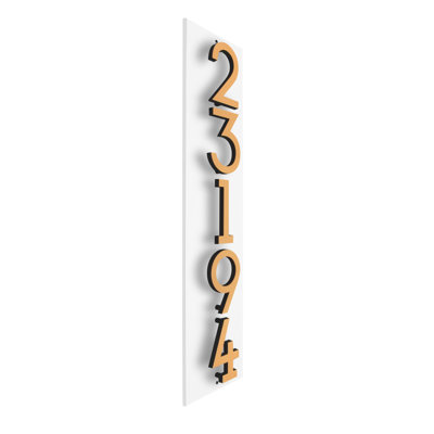 Floating Stand-Off 5-Number Vertical Sign, White /w/ Black / Gold Modern Font Numbers