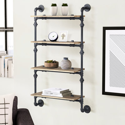 4 tablettes fonctionnelles en chêne rustique et noir sablé pour le rangement dans le salon