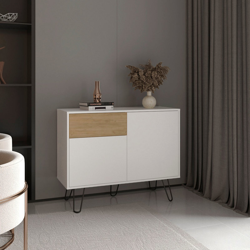 Console 39 po, 2 armoires, 1 tiroir, 4 tablettes pour le salon - blanc / chêne naturel