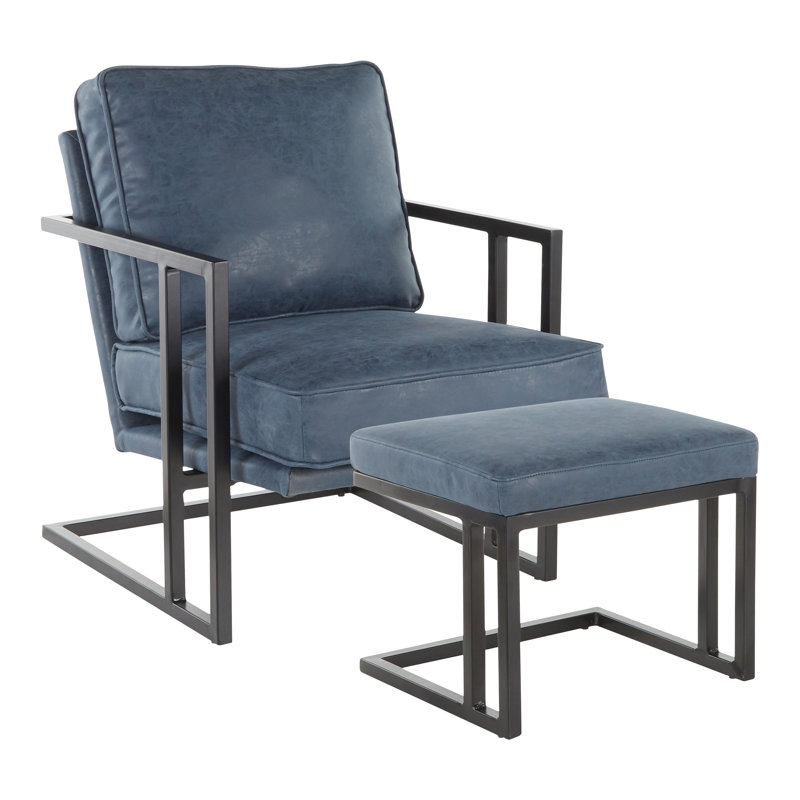 Montreal Faux Leather Accent Chair with Ottoman, Blue Faux Leather