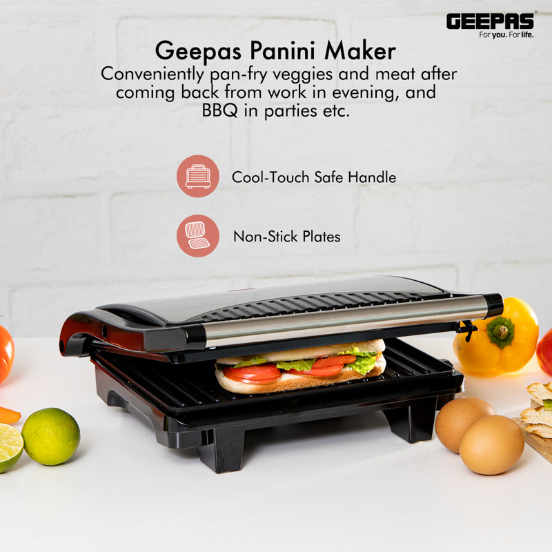 Geepas 27.9cm Smokeless Non Stick Electric Grill Sandwich Maker & Panini Press with Lid