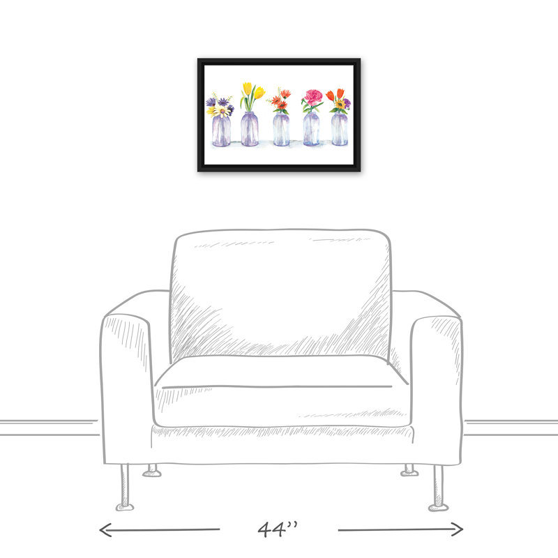 Fleurs peintes dans des pots en verre - Peinture sur toile, H 12 po x l 18 po, Cadre noir