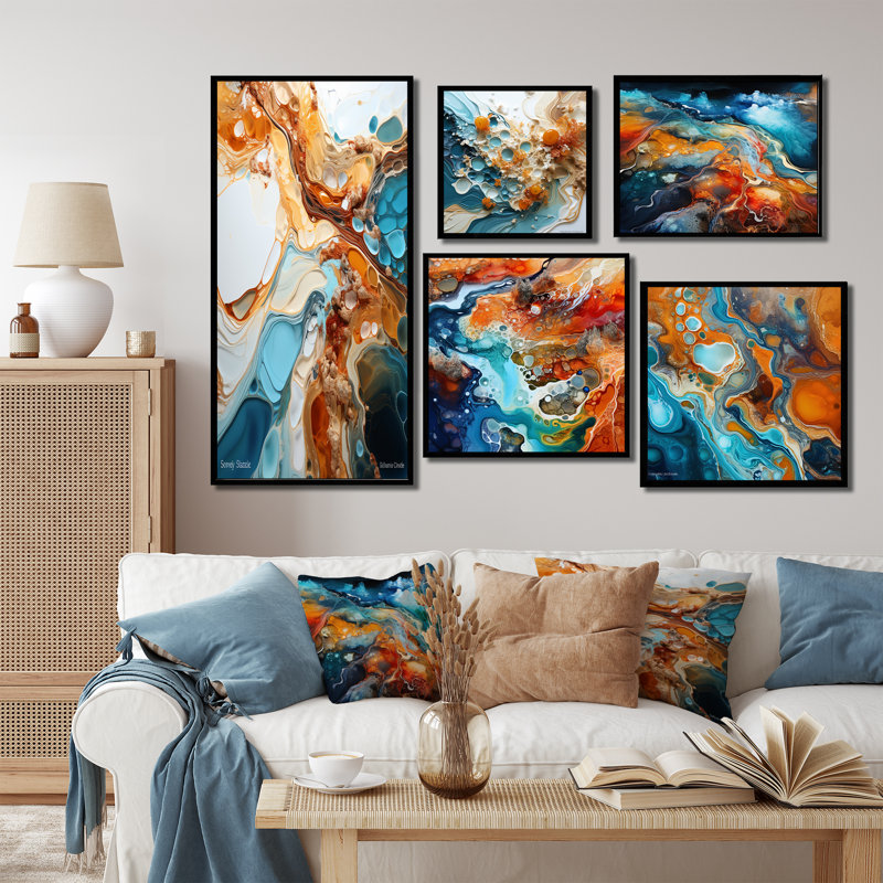 Encre liquide bleue et blanche Geyser - formes abstraites, ensemble de 5 reproductions d'art sur toile, Cadre flottant noir