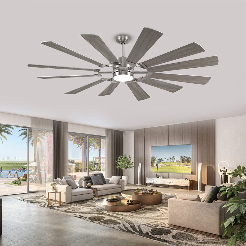 Modern Industrial 12 Blade Ceiling Fan With Light And Remote For Indoor/outdoor Covered Spaces, Nickel, 72" Wide, Oak Wood