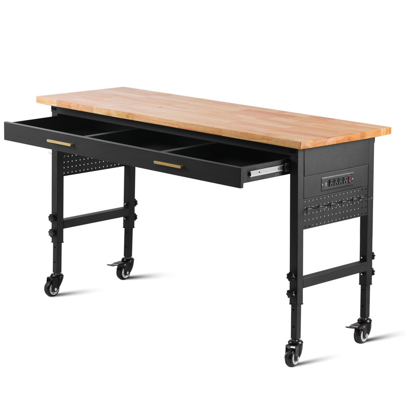 60" Workbench on Wheels Adjustable Height Table with Power Outlet & Drawer