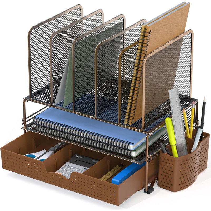 Organisateur de bureau en filet Houseware avec tiroir coulissant, plateau double et 5 sections verticales, brun