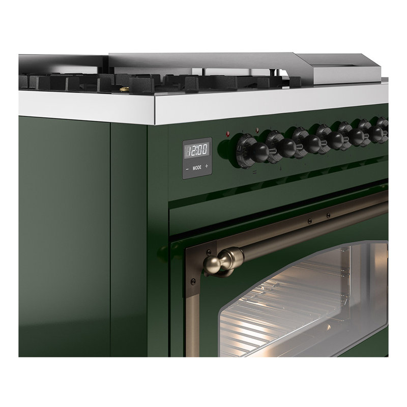 ILVE Nostalgie II Series Noblesse 48 inch Dual Fuel Range 5 Sealed Burners, Griddle, Frenchtop (Glass Door), Emerald Green