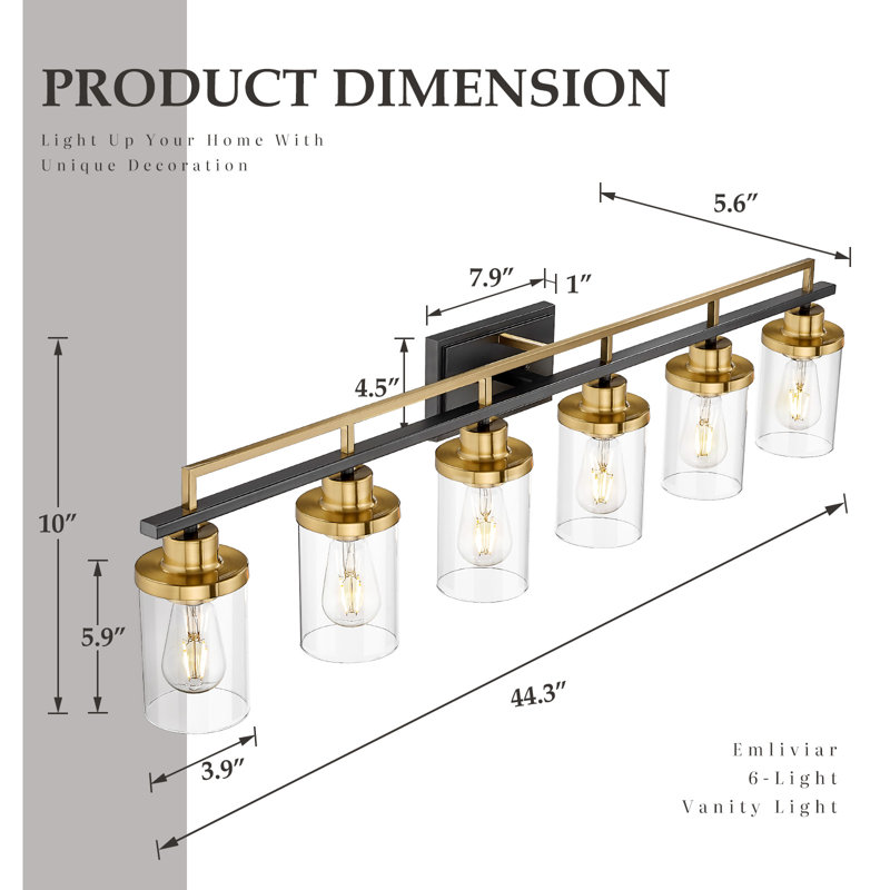 6-Light Dimmable Vanity Light Farmhouse Clear Glass Shade, Black/Gold