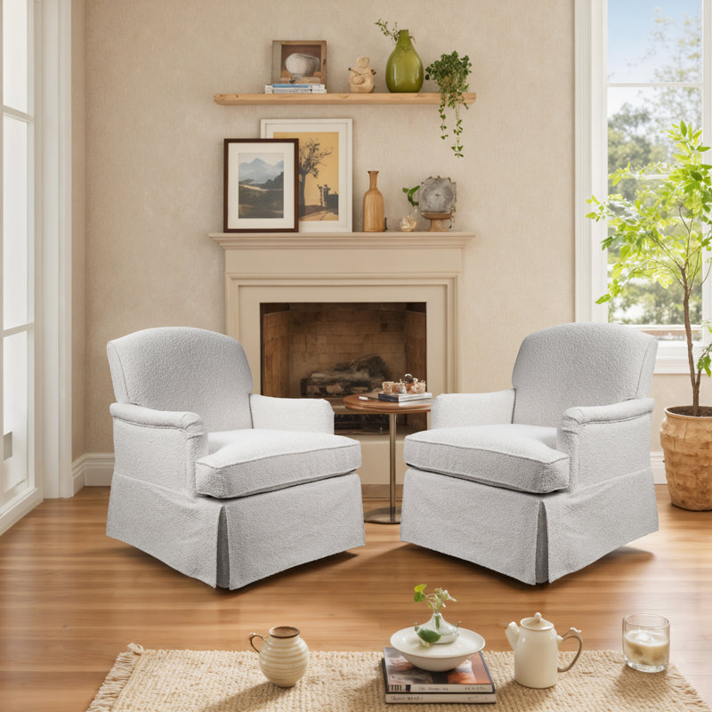 28'' Wide Swivel Upholstered Accent Armchair, White Boucle
