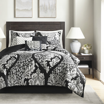Édredon pour très grand lit 7 pièces - noir avec coussins décoratifs brodés