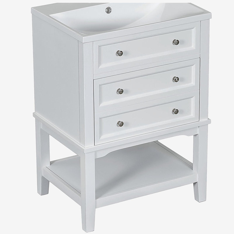 Meuble-lavabo de 24 po avec lavabo, tiroir et armoire de rangement à tablette ouverte, structure en bois massif