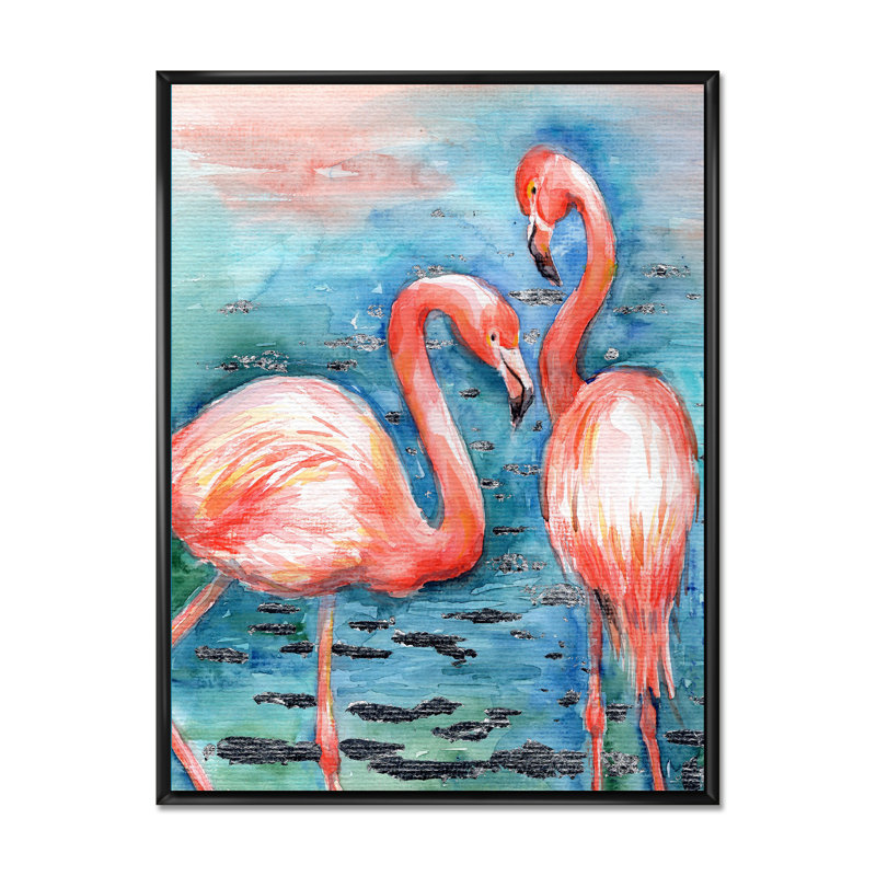 Flamants roses dans l'eau bleue I - reproduction encadrée sur toile, H 20 po x l 12 po x P 1po, Noir