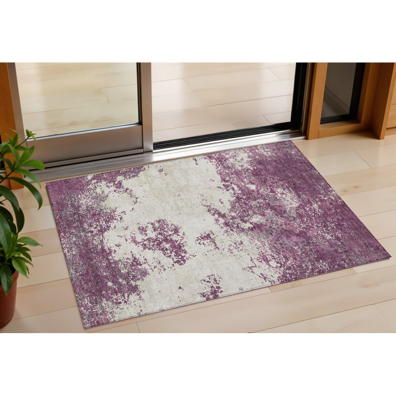 3' X 5' Eggplant Gray And Ivory Abstract Washable Indoor Outdoor Area Rug
