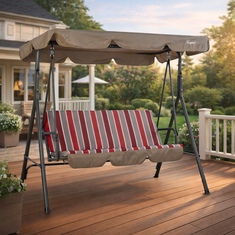 Balancelle de patio à 3 places Kozyard Alicia, balançoire à baldaquin d'extérieur avec cadre en acier, baldaquin réglable et coussins amovibles pour terrasse de jardin, rayure rouge