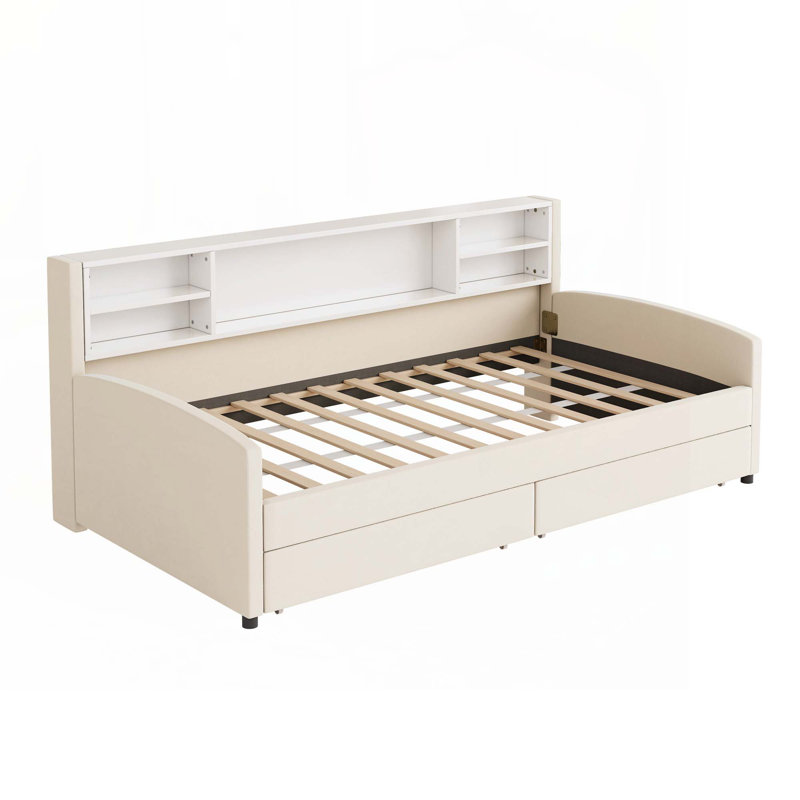 Upholstered Platform Bed with Storage, Beige