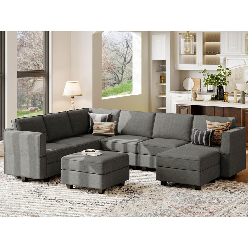 Kimbrel 116.6" Wide Reversible Modular Corner Sectional with Ottoman, Light Gray 100% Polyester