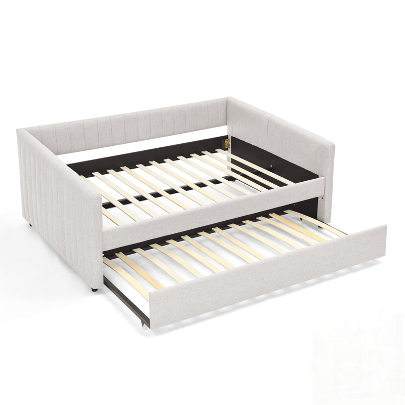 Lit de jour double avec lit gigogne, canapé-lit rembourré, rayures verticales, tissu en lin, mobilier de salon confortable et élégant