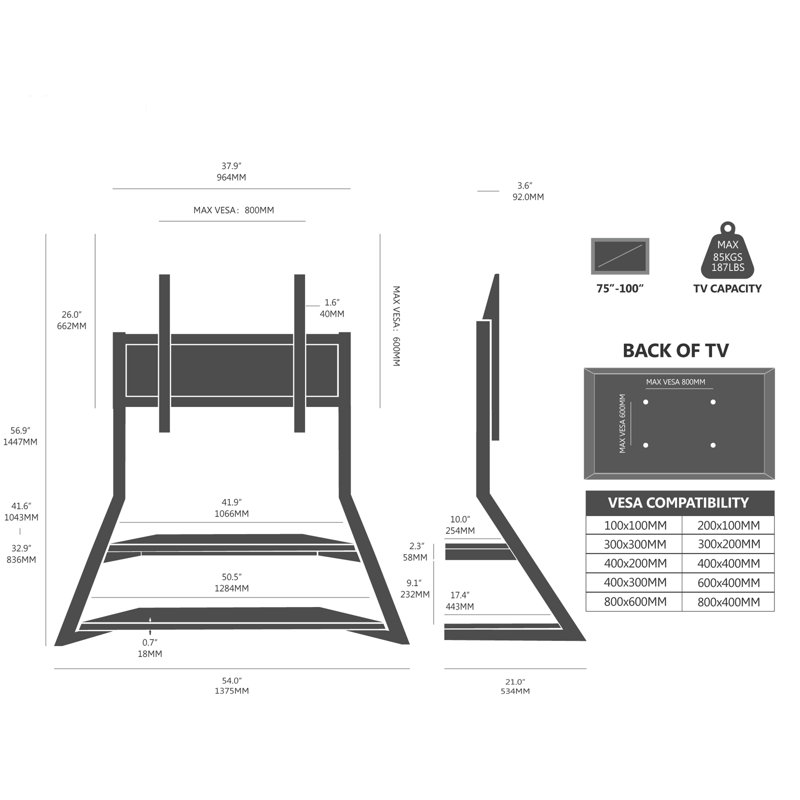 Meuble télé Oliveira pour téléviseur de 75 à 100 po pour téléviseur de 187 lb ou moins