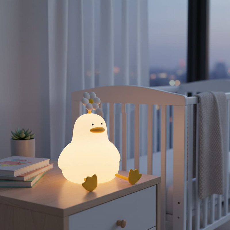 Cute Cartoon Animal Night Light: Safe Silicone LED Lamp for Toddlers - Flower Duck Design