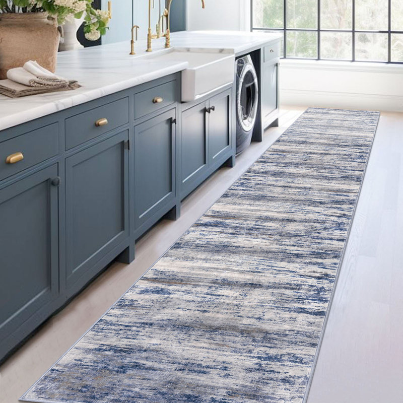 Machine Washable Area Rugs Rubber Backed Rug for Bedroom Living Room, Runner 2'7" x 14', Blue/Gray