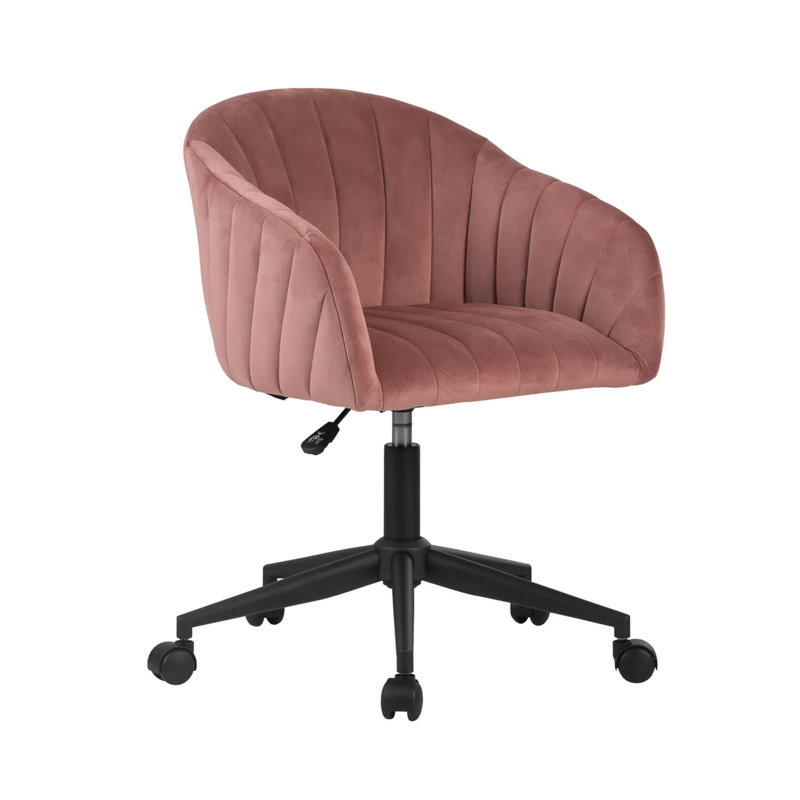 Taylor Swivel Vanity Chair With Wheels, Soft Velvet Fabric Tufted Barrel Back, 360 Degree Spinning, Pink