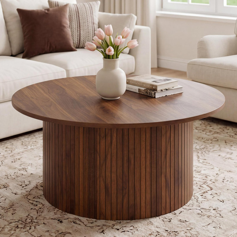 31.5" Fluted Round Coffee Table for Living Room, Small Circle Accent Center Table with Metal Frame, Floor Table for Sitting on the Floor, Home, Office, Walnut