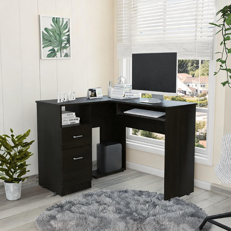 Poste de travail d'ordinateur de coin en forme de L en noir de bureau d'ordinateur avec panneau de particules, large surface de 47,2 pouces et tiroirs