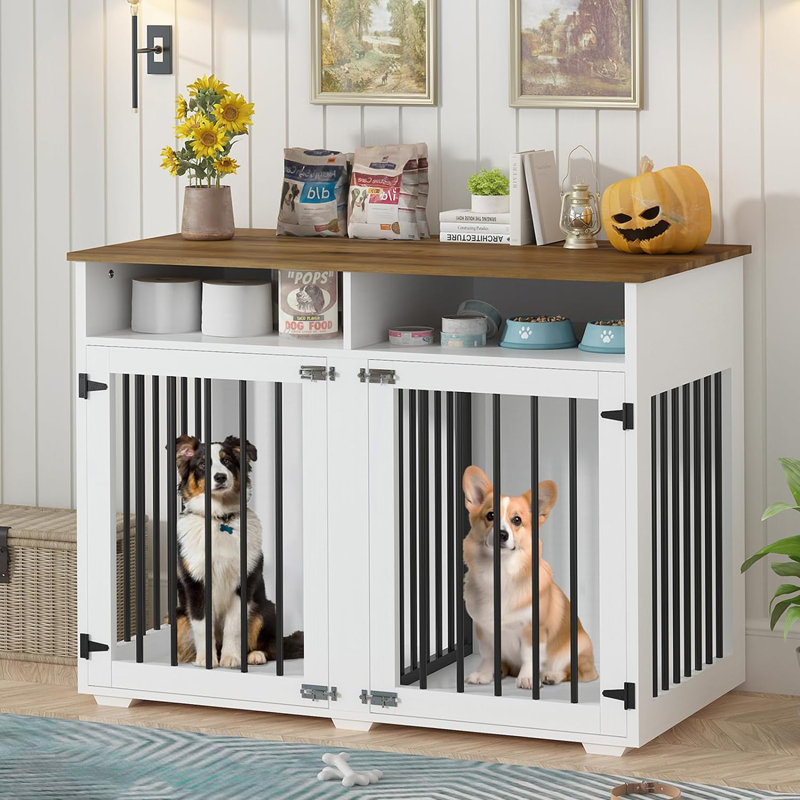 Dog Crate Furniture with 2 Doors, White/Brown, 35.03" H x 41" W x 23.62" D