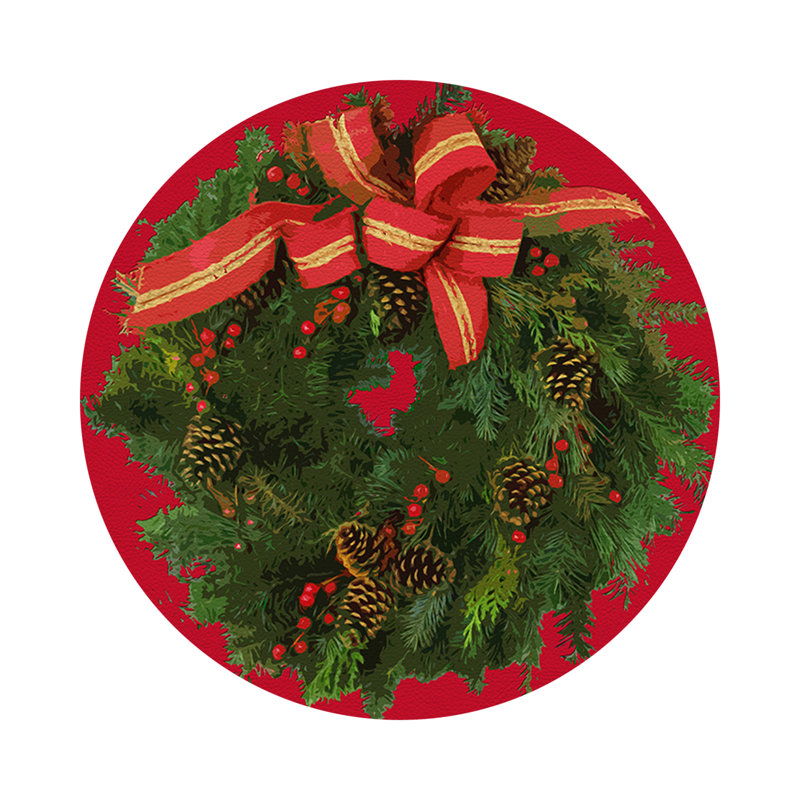 Christmas Wreath Vegan Leather Round Pebble Placemat, Red