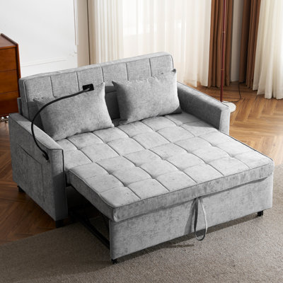 56.9" Loveseat Sofa Pull-Out Sofa Bed Sleeper Sofa With A Reversible Backrest Cushion, Side Pockets, Two USB Ports And A Phone Holder For Living Room, Blue