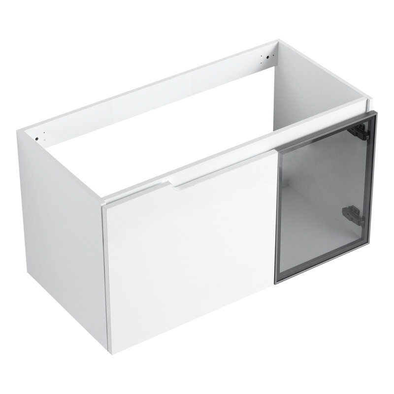 Meuble-lavabo 36 po blanc brillant avec 1/2 porte en verre gris, fonction de fermeture en douceur, contreplaqué à personnaliser - lavabo non inclus 2 portes modernes, meuble-lavabo, demi-porte