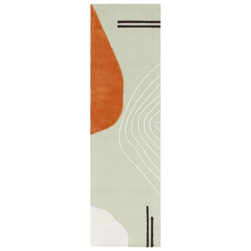 Arabelle Handmade Wool Green/Orange/Brown/Ivory Rug, Runner 2'3" x 8'