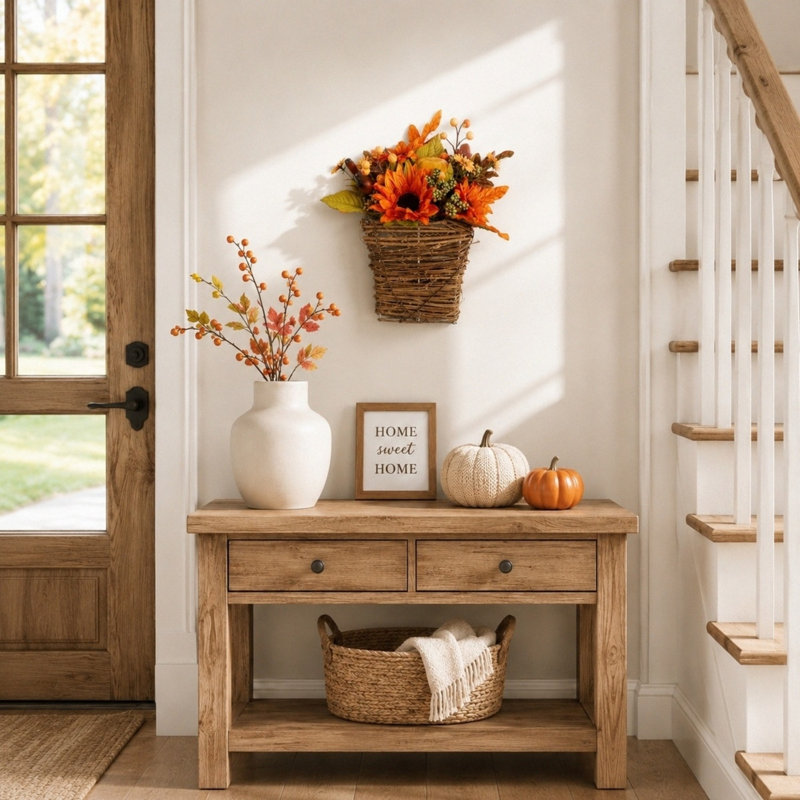 Arrangement de tournesol artificiel d'automne 13,4 "avec citrouilles et panier en rotin tissé à la main, décor de table de récolte