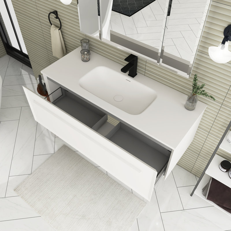 Ensemble de meuble-lavabo simple 48 po avec surface solide 48 po, Blanc, Blanc mat