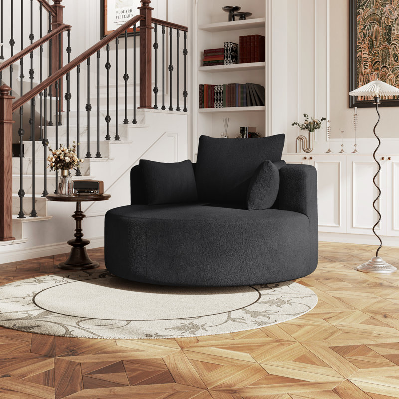 Très grand fauteuil d'appoint rond en chenille avec siège large, base pivotante à 360 ° et coussins décoratifs inclus