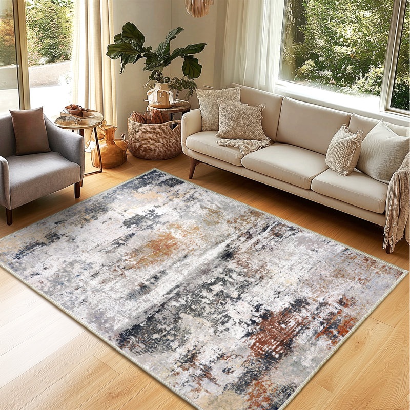 4x6ft Machine-washable Carpet, Cashmere-Look Rug with Non-Slip Backing and Durable Edging, Modern Oil Painting Style Rug Suitable for Living Room, Bedroom, Dining Room