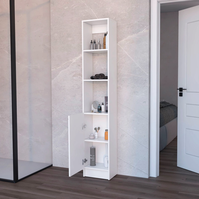 Stylish White Bathroom Linen Holder - 5 Shelves, 1 Door 1-Door Cabinet With Shelves, White