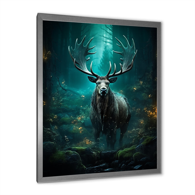 «Azhaar Teal Green Moose Enchanted Forest I», reproduction sur toile, H 40 po x l 30 po x P 1,5 po, Cadre photo argenté