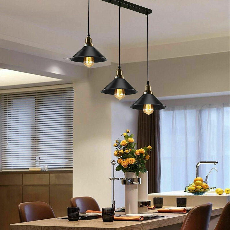 Industrial 3 Head Black Light Shade Retro Style Metal Ceiling Pendant Lamp With 50Cm Ceiling Rose For Kitchen Island Living Room Dining Room, Rectangle