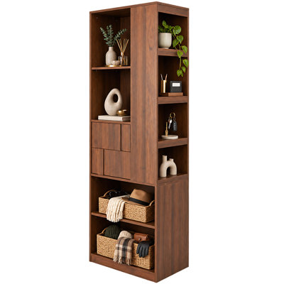 Tall Freestanding Storage Cabinet, 70.87" H Wooden Accent Cabinet with Drawers & Open Cubbies, Multi‑Purpose Storage Organizer for Bathroom Bedroom Living Room